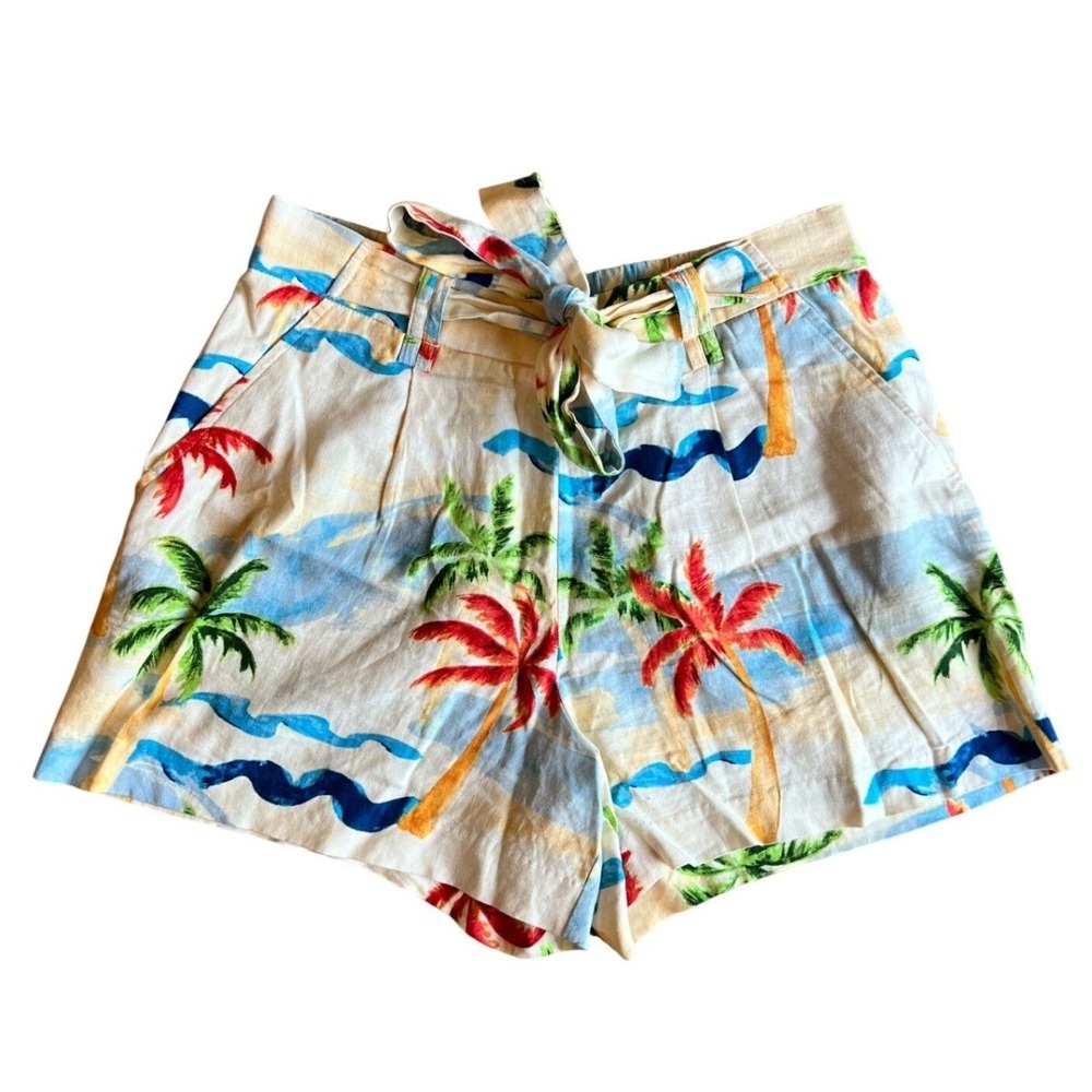 C&C California Tropical Palm Tree Linen Blend Shorts Cream Blue Red Womens 10